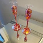 Pair David Piontek New Orleans Signed Art Glass Candlesticks Iridescent Pink