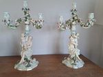 Pair of Vintage Capodimonte Style Porcelain Candelabra Lady & Cherub Roses 3 Arm