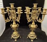 Pair Large Italian Full Brass 5 Arm Candelabra Gothic Candlesticks Vintage