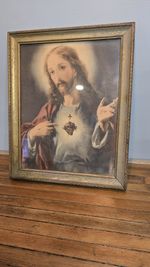 Antique Artwork Sacred Heart Of Jesus Picture Aigned In Back Wood Frame 