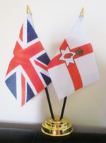 UNION JACK AND NORTHERN IRELAND TABLE FLAG SET 2 flags plus GOLDEN BASE