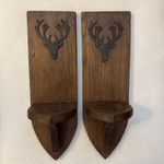 Pair 2 Antique Solid Oak Wall Shelf Sconces Brackets Scottish Stag’s Head Gothic