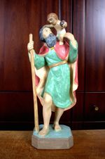 VTG 15.5" HAND CARVED WOOD CATHOLIC PATRON SAINT CHRISTOPHER JESUS STATUE FIGURE