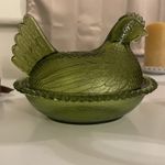 Vintage Indiana Glass Olive Green Hen On Nest 7” Covered Candy Dish Pristine