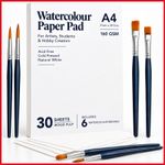 A4 Watercolour Paper Pad 30 Sheets 60 Pages Cold Pressed Artist 160GSM 6 Brushes