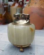 Vintage Mid-Century Onyx Table Lighter On Gold Gilt Stand. Working Order