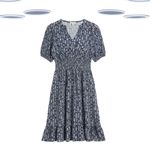 Ex Fat Face Women's Jersey Dress -Short Sleeve Geo Print Shirred Waist Navy