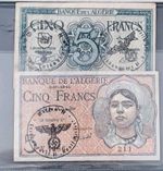 100% Genuine 2 Vintage Notes,   CINQ FRANCS  with nazi military stamps. 