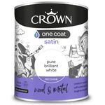 Crown One Coat Satin Pure White Paint Wood & Metal Interior Exterior 750ml