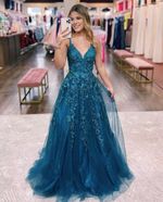 HOT Elegant A-Line Prom Dress Halter Neck Lace Applique Tulle Evening Gown Long