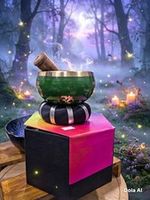 Green Metal Singing Bowl with Wooden Mallet Striker and Cushion