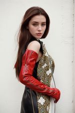 Long Red Leather  Gloves 70CM Long Visible Zip Style Opera lambskin Gloves