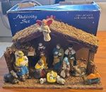 Large Vintage Christmas Nativity Set 13 Pcs Porcelain & Woodern Stables Good Con