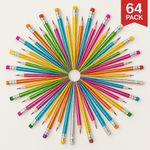 64 Pack of Glitter Sparkling Pencils Unsharpened HB 16 Barrel Colours Eraser Top