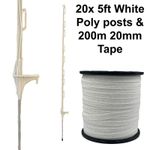 20 x 5ft (160cm) Electric Fence White Posts with 200m of 20mm Poly Tape Fencing