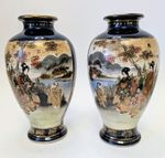 Mirror Pair Antique Japanese Satsuma Hakuzan Gosu Cobalt Blue Vases Meiji 19 cm.