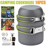 14Pcs Camping Cookware Kit Outdoor Hiking Picnic Cooking Pot Pan Spoon Stove Set