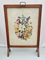 Vintage Oak Fire Screen - Hand Embroidered Floral Needlepoint Tapestry Fireguard