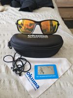 OKUMA Polarised Fishing Glasses Black Yellow Smoke Lens Case & Strap