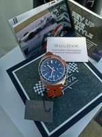 Bulova Racer Quartz Chronograph 42mm Black Dial Brown Leather 50m 98B427 Box