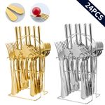 NEW 24PC CUTLERY DINNER SET STAINLESS STEEL METAL STAND RACK FORKS TEA SPOONS