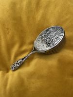 ANTIQUE SMALL ORNATE HAIR-BRUSH DEPICTING OLD SCENE - UNUSAL HALLMARK SILVER ??