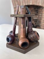 Vintage Wooden 6-Pipe Stand with Assorted Estate Smoking Pipes: Display Rack Set
