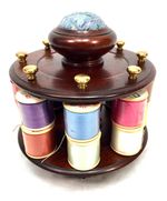 Vintage Mahogany Wood Tabletop Revolving Cotton Spool Reel Holder & Pin Cushion
