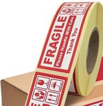 32 x 92mm Fragile stickers printed red, on rolls,  easy to peel and apply