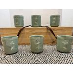 VTG Celadon Tea Cup Set of 6 Crane Cloud Crackle Glaze Yunomi with Wood Box