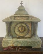 Antique French Green Onyx Architectural Mantel Clock.Key & Pendulum.Spares/rep