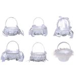Flower Girl Basket for Wedding White Satin with Lace Faux Flowers Pearls Bows