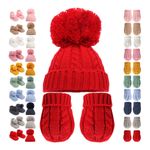 Baby Boys Girls Unisex Winter Cable Twist Pom Pom Knit Hat Mittens Booties 0-24M