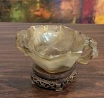 Antique Chinese Carved Agate Lotus Libation Cup Water Coupe Wood Stand 1920s