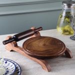 Indian Traditional Premium Walnut Wooden Chakla Belan Set with Stand Kitchen