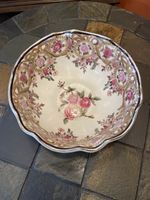 Oriental Accent Porcelain Floral Bowl Scalloped Edge Gold Gilt Pink Roses 10"