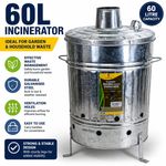 Galvanised Incinerator Fire Bin Burner Heavy Duty 60L Bin Rubbish Wood Garden