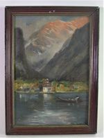 Old oil painting around 1900 St. Bartholomä Königsee with fishing boat-Rosa Wieninger