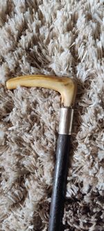 Antique Gents Ebony Walking Stick Cane - Antler Fritz Handle & Silver Collar