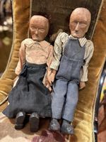 Antique Hand-Carved folk art Woodenware Dolls Figures Pair with Period Clothing
