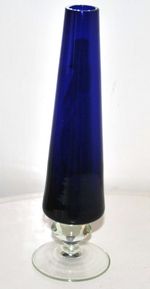 Bohemian Cobalt Blue Glass Vase-Conical Vintage- Clear stem- Czech Decorative GC