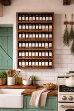 Apothecary Style Solid Hardwood Spice Rack with Glass Jars & Labels | Wall Mount