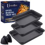 Non-Stick Carbon Steel Baking Tray Set of 3 Oven Roasting Trays with 2 Mitts