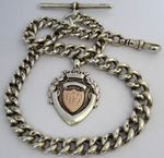 Antique heavy 66.5g solid silver pocket watch albert chain w/  silver & gold fob