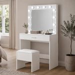 White Dressing Table with LED Lights Mirror and Stool Makeup Vanity Table Set