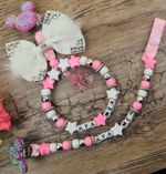 Set of 2 Personalised stunning minnie mouse dummy clip + Pram charm in pink girl