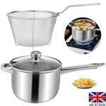 3PCS DEEP FRYER SET INDUCTION CHIP PAN STAINLESS STEEL POT WITH LID & BASKET UK