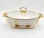 15" Ceramic Chafing Dish Food Warmer Oval White Gold Marble Buffet Serving Stand