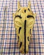 African Hand Carved Wooden Horned Animal Mask, Black & White Painted