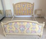 Wonderful Vintage French Upholstered Double Bed - Yellow and Cream Fabric